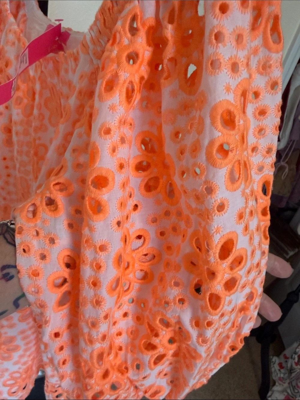 T2) Lilly Pulitzer 💐Off-Shoulder Orange Eyelet Puff-Sleeve Top